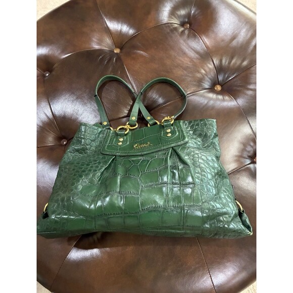 Coach Ashley Green Croc Embossed Leather Carry All Tote Handbag Purse Bag - Picture 9 of 13